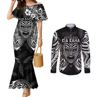 New Zealand Rugby Couples Matching Mermaid Dress and Long Sleeve Button Shirt 2023 World Cup Aotearoa Haka Face LT7 Black - Polynesian Pride