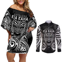 New Zealand Rugby Couples Matching Off Shoulder Short Dress and Long Sleeve Button Shirt 2023 World Cup Aotearoa Haka Face LT7 Black - Polynesian Pride