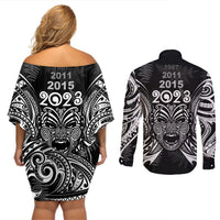 New Zealand Rugby Couples Matching Off Shoulder Short Dress and Long Sleeve Button Shirt 2023 World Cup Aotearoa Haka Face LT7 - Polynesian Pride