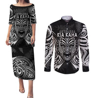 New Zealand Rugby Couples Matching Puletasi Dress and Long Sleeve Button Shirt 2023 World Cup Aotearoa Haka Face LT7 Black - Polynesian Pride