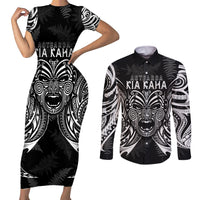 New Zealand Rugby Couples Matching Short Sleeve Bodycon Dress and Long Sleeve Button Shirt 2023 World Cup Aotearoa Haka Face LT7 Black - Polynesian Pride