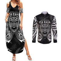 New Zealand Rugby Couples Matching Summer Maxi Dress and Long Sleeve Button Shirt 2023 World Cup Aotearoa Haka Face LT7 Black - Polynesian Pride