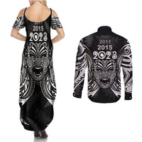 New Zealand Rugby Couples Matching Summer Maxi Dress and Long Sleeve Button Shirt 2023 World Cup Aotearoa Haka Face LT7 - Polynesian Pride