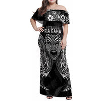 Custom New Zealand Rugby Family Matching Off Shoulder Maxi Dress and Hawaiian Shirt 2023 World Cup Aotearoa Haka Face LT7 Mom's Dress Black - Polynesian Pride