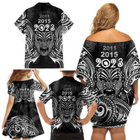 Custom New Zealand Rugby Family Matching Off Shoulder Short Dress and Hawaiian Shirt 2023 World Cup Aotearoa Haka Face LT7 - Polynesian Pride