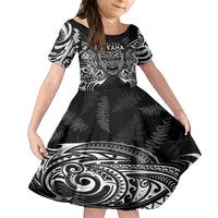 New Zealand Rugby Family Matching Puletasi Dress and Hawaiian Shirt 2023 World Cup Aotearoa Haka Face LT7 Daughter's Dress Black - Polynesian Pride