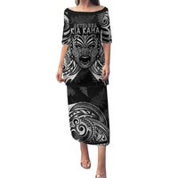 New Zealand Rugby Family Matching Puletasi Dress and Hawaiian Shirt 2023 World Cup Aotearoa Haka Face LT7 Mom's Dress Black - Polynesian Pride