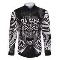 Custom New Zealand Rugby Family Matching Short Sleeve Bodycon Dress and Hawaiian Shirt 2023 World Cup Aotearoa Haka Face LT7 Dad's Shirt - Long Sleeve Black - Polynesian Pride