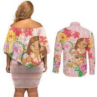 Aloha Hawaii Couples Matching Off Shoulder Short Dress and Long Sleeve Button Shirt Kawaii Mele Kalikimaka - Pastel Fever