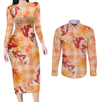 Orange Palaka Hawaii Aloha Couples Matching Long Sleeve Bodycon Dress and Long Sleeve Button Shirt Koi Pond Mix Japanese Maple - Polynesian Pride