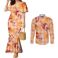 Orange Palaka Hawaii Aloha Couples Matching Mermaid Dress and Long Sleeve Button Shirt Koi Pond Mix Japanese Maple - Polynesian Pride