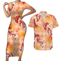 Orange Palaka Hawaii Aloha Couples Matching Short Sleeve Bodycon Dress and Hawaiian Shirt Koi Pond Mix Japanese Maple LT7 Orange - Polynesian Pride