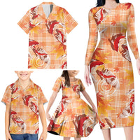 Orange Palaka Hawaii Aloha Family Matching Long Sleeve Bodycon Dress and Hawaiian Shirt Koi Pond Mix Japanese Maple LT7 - Polynesian Pride