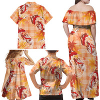 Orange Palaka Hawaii Aloha Family Matching Off Shoulder Maxi Dress and Hawaiian Shirt Koi Pond Mix Japanese Maple LT7 - Polynesian Pride