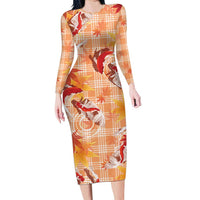 Orange Palaka Hawaii Aloha Long Sleeve Bodycon Dress Koi Pond Mix Japanese Maple - Polynesian Pride