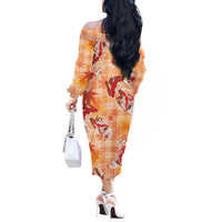Orange Palaka Hawaii Aloha Off The Shoulder Long Sleeve Dress Koi Pond Mix Japanese Maple - Polynesian Pride