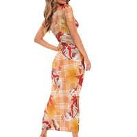 Orange Palaka Hawaii Aloha Short Sleeve Bodycon Dress Koi Pond Mix Japanese Maple - Polynesian Pride