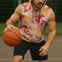 Orange Palaka Hawaii Aloha Sleeveless Zip Hoodie Koi Pond Mix Japanese Maple - Polynesian Pride