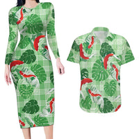Lime Palaka Hawaii Aloha Couples Matching Long Sleeve Bodycon Dress and Hawaiian Shirt Koi Pond Mix Monstera - Polynesian Pride