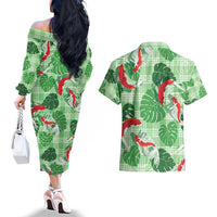 Lime Palaka Hawaii Aloha Couples Matching Off The Shoulder Long Sleeve Dress and Hawaiian Shirt Koi Pond Mix Monstera - Polynesian Pride
