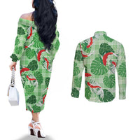 Lime Palaka Hawaii Aloha Couples Matching Off The Shoulder Long Sleeve Dress and Long Sleeve Button Shirt Koi Pond Mix Monstera - Polynesian Pride