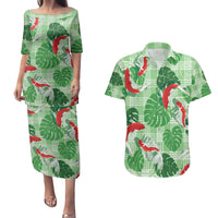 Lime Palaka Hawaii Aloha Couples Matching Puletasi and Hawaiian Shirt Koi Pond Mix Monstera LT7 Lime Green - Polynesian Pride