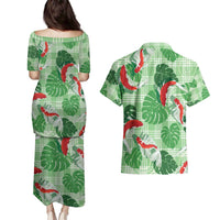 Lime Palaka Hawaii Aloha Couples Matching Puletasi and Hawaiian Shirt Koi Pond Mix Monstera LT7 - Polynesian Pride