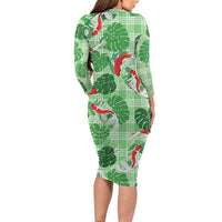 Lime Palaka Hawaii Aloha Family Matching Long Sleeve Bodycon Dress and Hawaiian Shirt Koi Pond Mix Monstera LT7 - Polynesian Pride