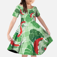 Lime Palaka Hawaii Aloha Family Matching Off Shoulder Maxi Dress and Hawaiian Shirt Koi Pond Mix Monstera LT7 Daughter's Dress Lime Green - Polynesian Pride