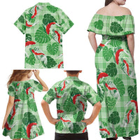 Lime Palaka Hawaii Aloha Family Matching Off Shoulder Maxi Dress and Hawaiian Shirt Koi Pond Mix Monstera LT7 - Polynesian Pride