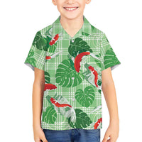 Lime Palaka Hawaii Aloha Family Matching Off Shoulder Maxi Dress and Hawaiian Shirt Koi Pond Mix Monstera LT7 - Polynesian Pride