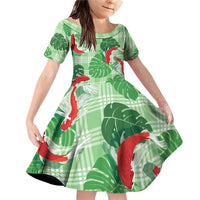 Lime Palaka Hawaii Aloha Family Matching Off Shoulder Short Dress and Hawaiian Shirt Koi Pond Mix Monstera LT7 Daughter's Dress Lime Green - Polynesian Pride