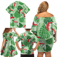 Lime Palaka Hawaii Aloha Family Matching Off Shoulder Short Dress and Hawaiian Shirt Koi Pond Mix Monstera LT7 - Polynesian Pride
