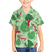 Lime Palaka Hawaii Aloha Family Matching Off Shoulder Short Dress and Hawaiian Shirt Koi Pond Mix Monstera LT7 - Polynesian Pride