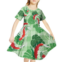 Lime Palaka Hawaii Aloha Kid Short Sleeve Dress Koi Pond Mix Monstera - Polynesian Pride