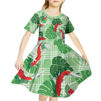 Lime Palaka Hawaii Aloha Kid Short Sleeve Dress Koi Pond Mix Monstera - Polynesian Pride