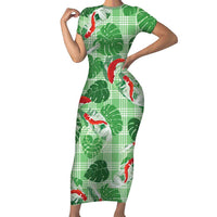 Lime Palaka Hawaii Aloha Short Sleeve Bodycon Dress Koi Pond Mix Monstera - Polynesian Pride