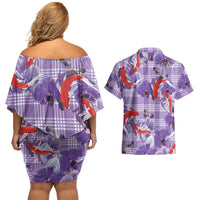 Lavender Palaka Hawaii Aloha Couples Matching Off Shoulder Short Dress and Hawaiian Shirt Koi Pond Mix Orchids - Polynesian Pride