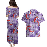 Lavender Palaka Hawaii Aloha Couples Matching Puletasi and Hawaiian Shirt Koi Pond Mix Orchids - Polynesian Pride