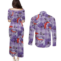 Lavender Palaka Hawaii Aloha Couples Matching Puletasi and Long Sleeve Button Shirt Koi Pond Mix Orchids - Polynesian Pride