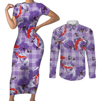 Lavender Palaka Hawaii Aloha Couples Matching Short Sleeve Bodycon Dress and Long Sleeve Button Shirt Koi Pond Mix Orchids - Polynesian Pride