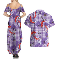 Lavender Palaka Hawaii Aloha Couples Matching Summer Maxi Dress and Hawaiian Shirt Koi Pond Mix Orchids - Polynesian Pride