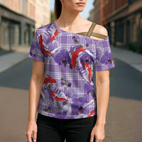 Lavender Palaka Hawaii Aloha Cross Shoulder Shirt Koi Pond Mix Orchids - Polynesian Pride