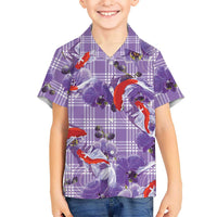 Lavender Palaka Hawaii Aloha Family Matching Long Sleeve Bodycon Dress and Hawaiian Shirt Koi Pond Mix Orchids LT7 - Polynesian Pride