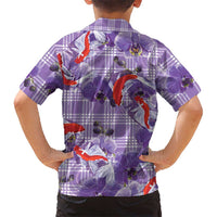 Lavender Palaka Hawaii Aloha Family Matching Off The Shoulder Long Sleeve Dress and Hawaiian Shirt Koi Pond Mix Orchids LT7 - Polynesian Pride