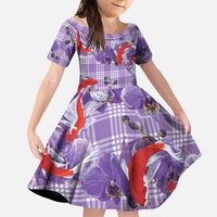 Lavender Palaka Hawaii Aloha Family Matching Off The Shoulder Long Sleeve Dress and Hawaiian Shirt Koi Pond Mix Orchids LT7 Daughter's Dress Purple - Polynesian Pride