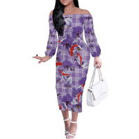 Lavender Palaka Hawaii Aloha Family Matching Off The Shoulder Long Sleeve Dress and Hawaiian Shirt Koi Pond Mix Orchids LT7 Purple - Polynesian Pride