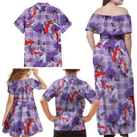 Lavender Palaka Hawaii Aloha Family Matching Off Shoulder Maxi Dress and Hawaiian Shirt Koi Pond Mix Orchids LT7 - Polynesian Pride