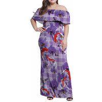 Lavender Palaka Hawaii Aloha Family Matching Off Shoulder Maxi Dress and Hawaiian Shirt Koi Pond Mix Orchids - Polynesian Pride