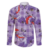 Lavender Palaka Hawaii Aloha Family Matching Off Shoulder Short Dress and Hawaiian Shirt Koi Pond Mix Orchids LT7 Dad's Shirt - Long Sleeve Purple - Polynesian Pride